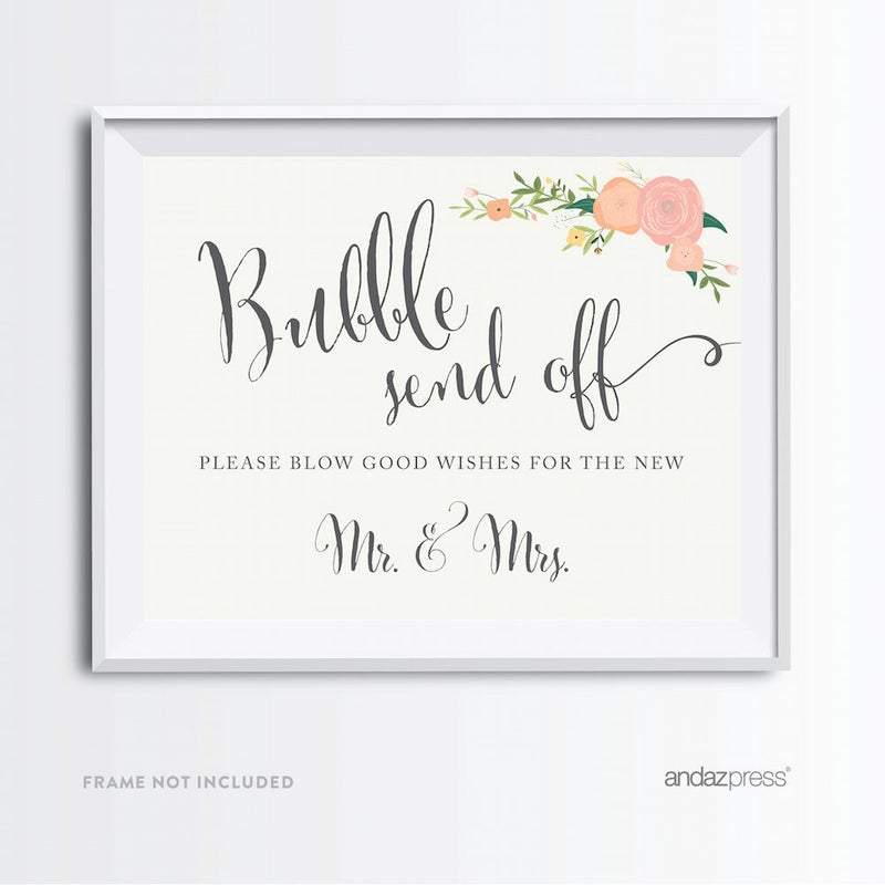 Andaz Press Wedding Party Signs, Floral Roses Print, 8.5x11-inch, Bubble Send Off Please Blow Good Wishes for the New Mr. & Mrs. Sign, 1-Pack, Unframed - Image 1